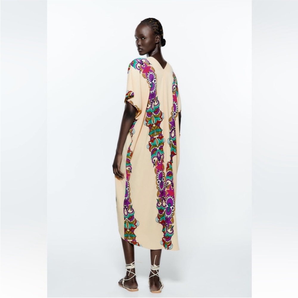 ZARA Kaftan Multicolored Printed Tunic Midi Dress Size XS Resortwear Beach
